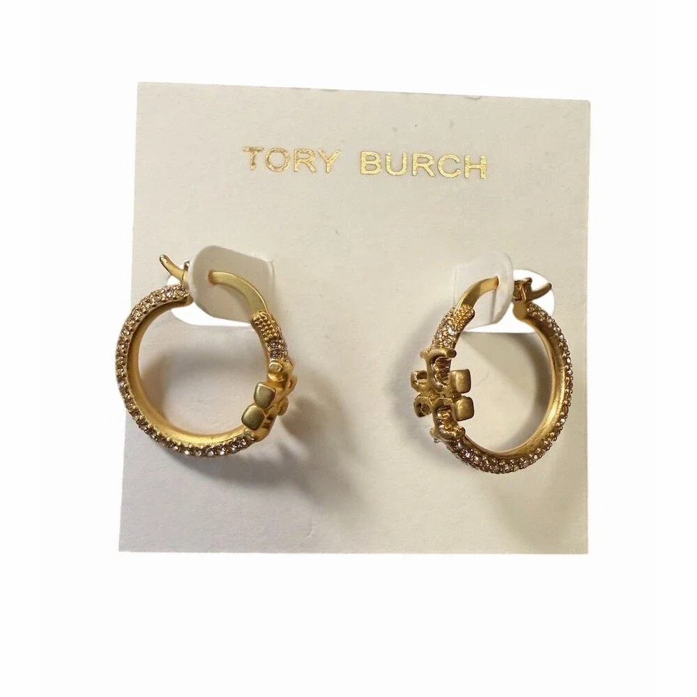 Tory Burch Eleanor Small Hoop Earrings Gold Logo Charm Clear Crystal Pavé